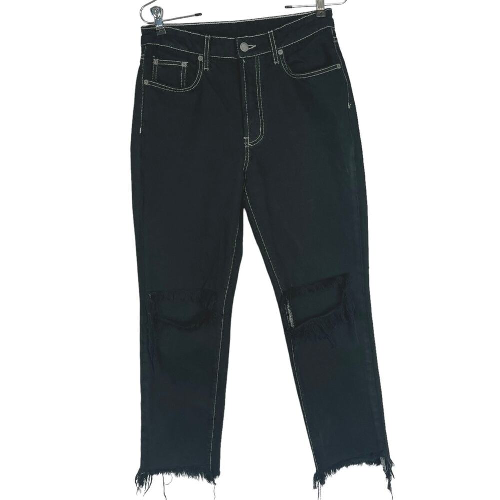 Carmar Black High Rise Cropped Jeans Button Fly Raw Hem Destroyed Knees Size 27
